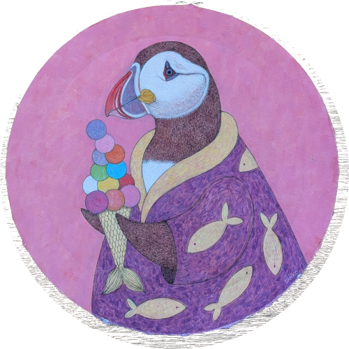 Puffin painting with puffin enjoying a piece of icecream