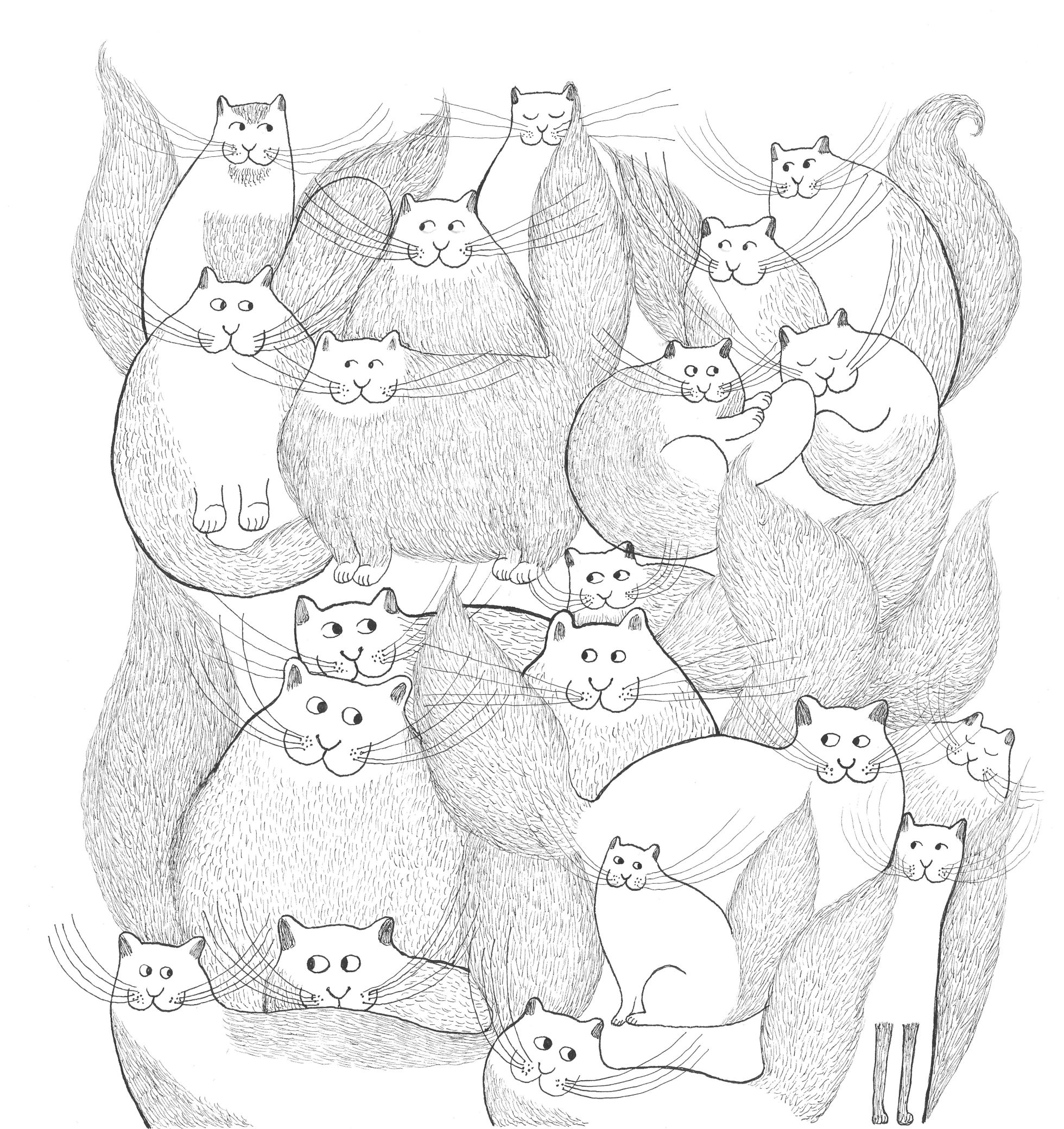 pencil drawing of many happy cats enjoying life